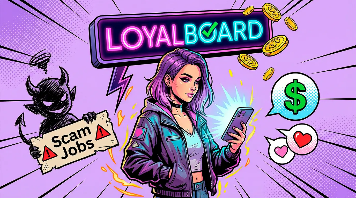 Comic illustration of a girl choosing safe OnlyFans chatter vacancies on LoyalBoard over scam job offers