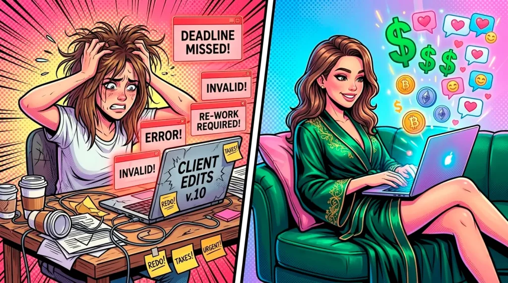 Comic illustration comparing a stressed female freelancer dealing with client edits versus a happy, successful OnlyFans chatter earning crypto.