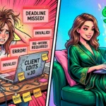 Comic illustration comparing a stressed female freelancer dealing with client edits versus a happy, successful OnlyFans chatter earning crypto.