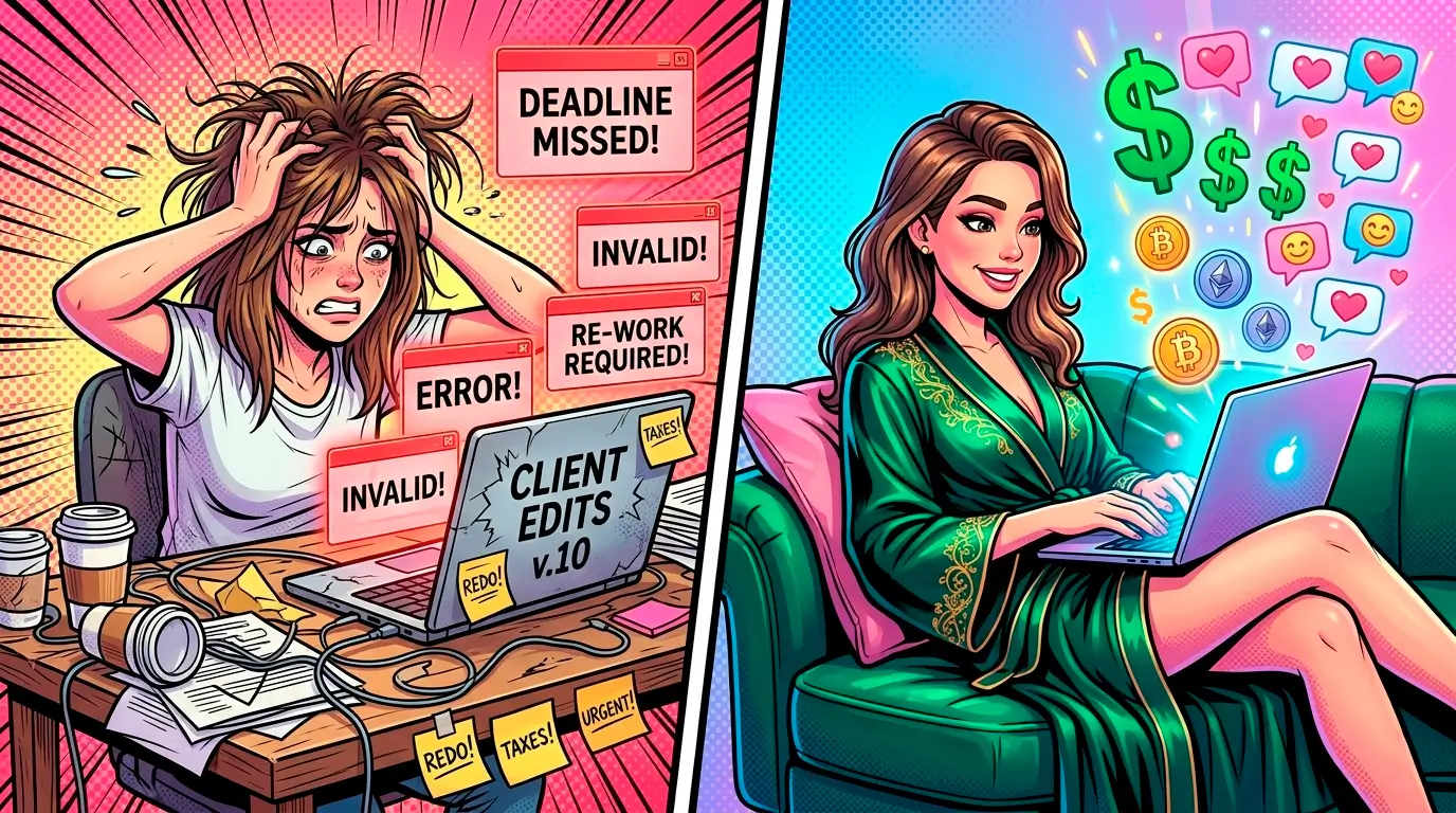 Comic illustration comparing a stressed female freelancer dealing with client edits versus a happy, successful OnlyFans chatter earning crypto.