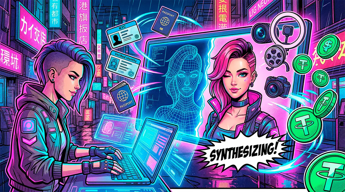 Comic book illustration showing a digital creator generating a virtual web model, bypassing KYC, and earning cryptocurrency on the LoyalBoard platform