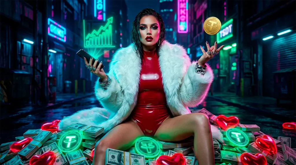 A provocative female chat operator sitting on a mountain of USDT crypto coins, visualizing the high income and traffic from adult digital marketing jobs found on LoyalBoard