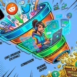Comic illustration of a digital sales funnel for chatter jobs on LoyalBoard, converting social media traffic into USDT cryptocurrency.
