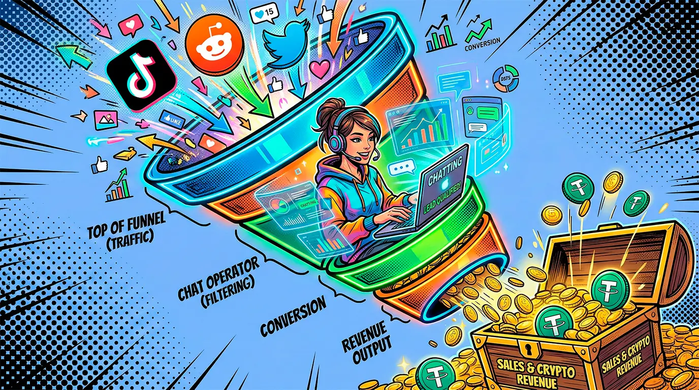 Comic illustration of a digital sales funnel for chatter jobs on LoyalBoard, converting social media traffic into USDT cryptocurrency.