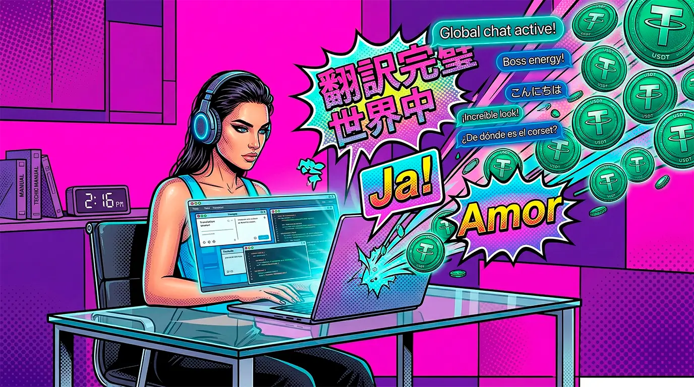 Comic book illustration of a professional working in chat translator jobs, using AI like DeepL to convert Japanese and German messages into USDT crypto earnings on LoyalBoard