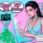 Comic book illustration of a Fansly chat operator using sales scripts to monetize FYP traffic and earn high income on LoyalBoard.