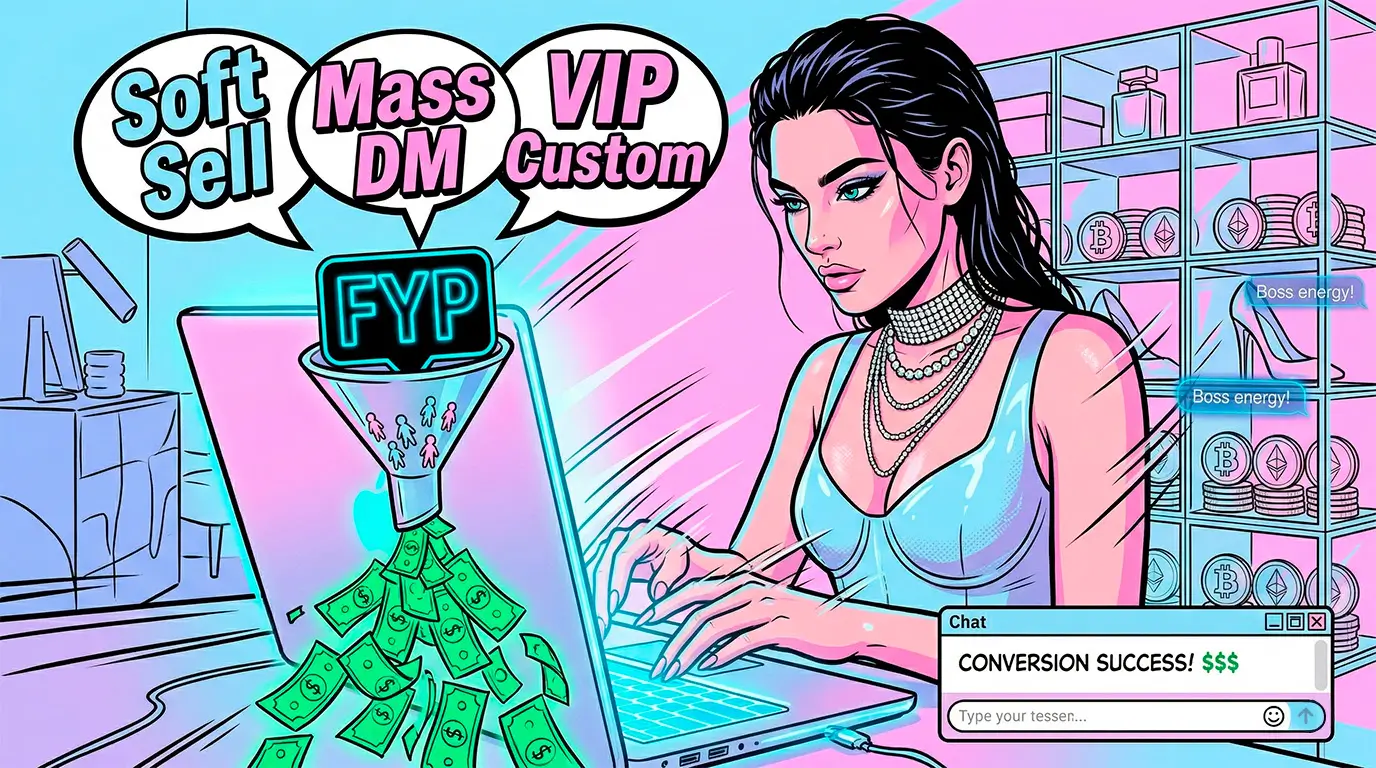 Comic book illustration of a Fansly chat operator using sales scripts to monetize FYP traffic and earn high income on LoyalBoard.
