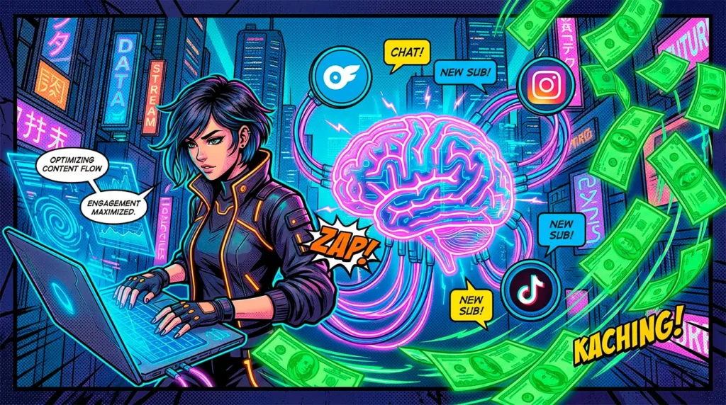 Comic book illustration showing a cybernetic AI brain connecting OnlyFans tools, social media, and chat operators to maximize USDT cryptocurrency earnings on LoyalBoard