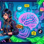Comic book illustration showing a cybernetic AI brain connecting OnlyFans tools, social media, and chat operators to maximize USDT cryptocurrency earnings on LoyalBoard