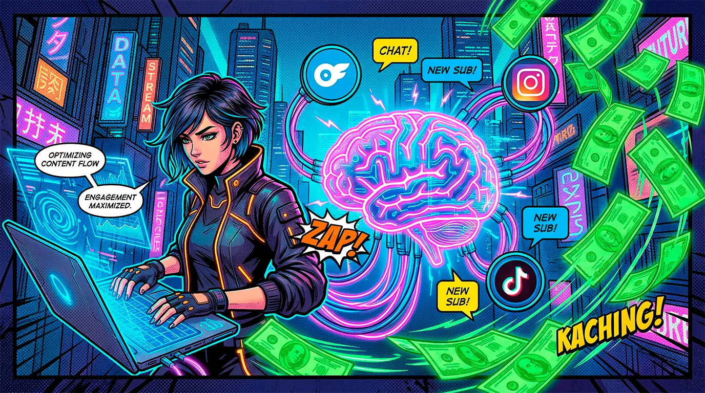 Comic book illustration showing a cybernetic AI brain connecting OnlyFans tools, social media, and chat operators to maximize USDT cryptocurrency earnings on LoyalBoard
