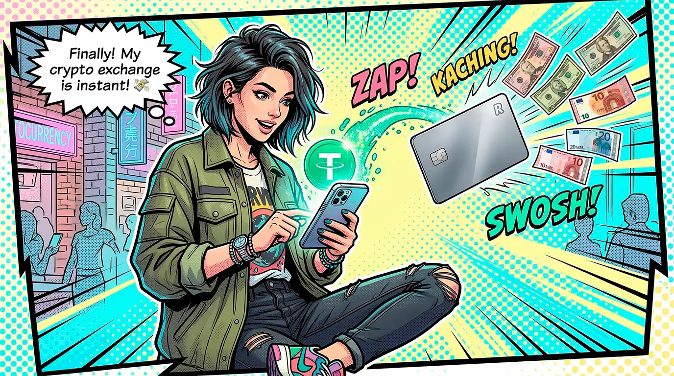 Comic book illustration showing how easy it is to withdraw USDT cryptocurrency salaries from OnlyFans jobs into USD or EUR using a smartphone on LoyalBoard.