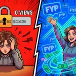 Comic book illustration comparing a frustrated model on a closed platform versus a highly successful Fansly model earning money through the organic FYP algorithm
