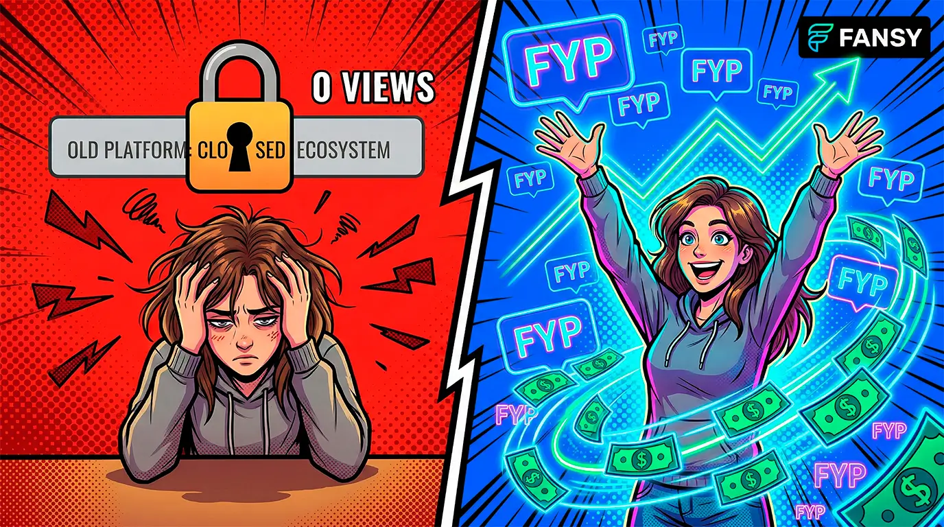 Comic book illustration comparing a frustrated model on a closed platform versus a highly successful Fansly model earning money through the organic FYP algorithm