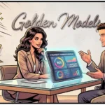 Comic book illustration showing professionals at the Golden Models agency developing a unique strategy and positioning for successful web model jobs on LoyalBoard