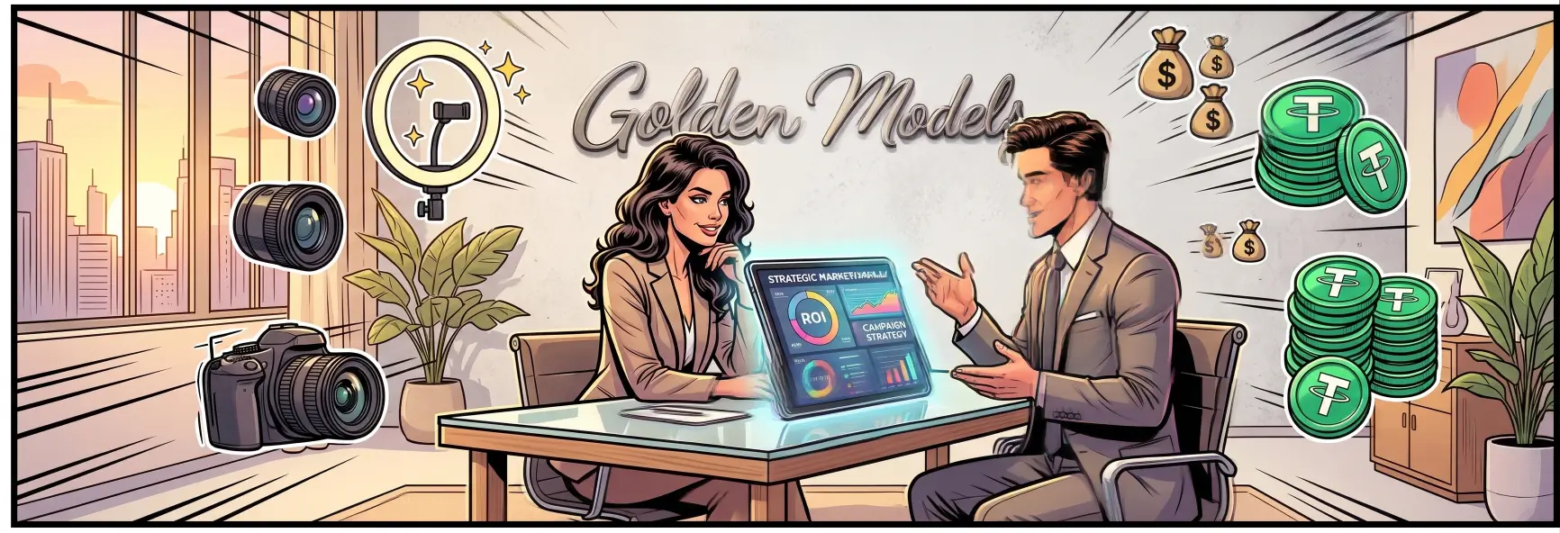 Comic book illustration showing professionals at the Golden Models agency developing a unique strategy and positioning for successful web model jobs on LoyalBoard