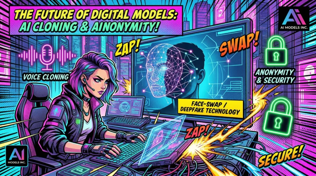 Comic book illustration showing a technical specialist using secure OnlyFans agency software for AI voice cloning and face-swapping to protect a creator's anonymity on LoyalBoard