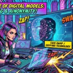 Comic book illustration showing a technical specialist using secure OnlyFans agency software for AI voice cloning and face-swapping to protect a creator's anonymity on LoyalBoard