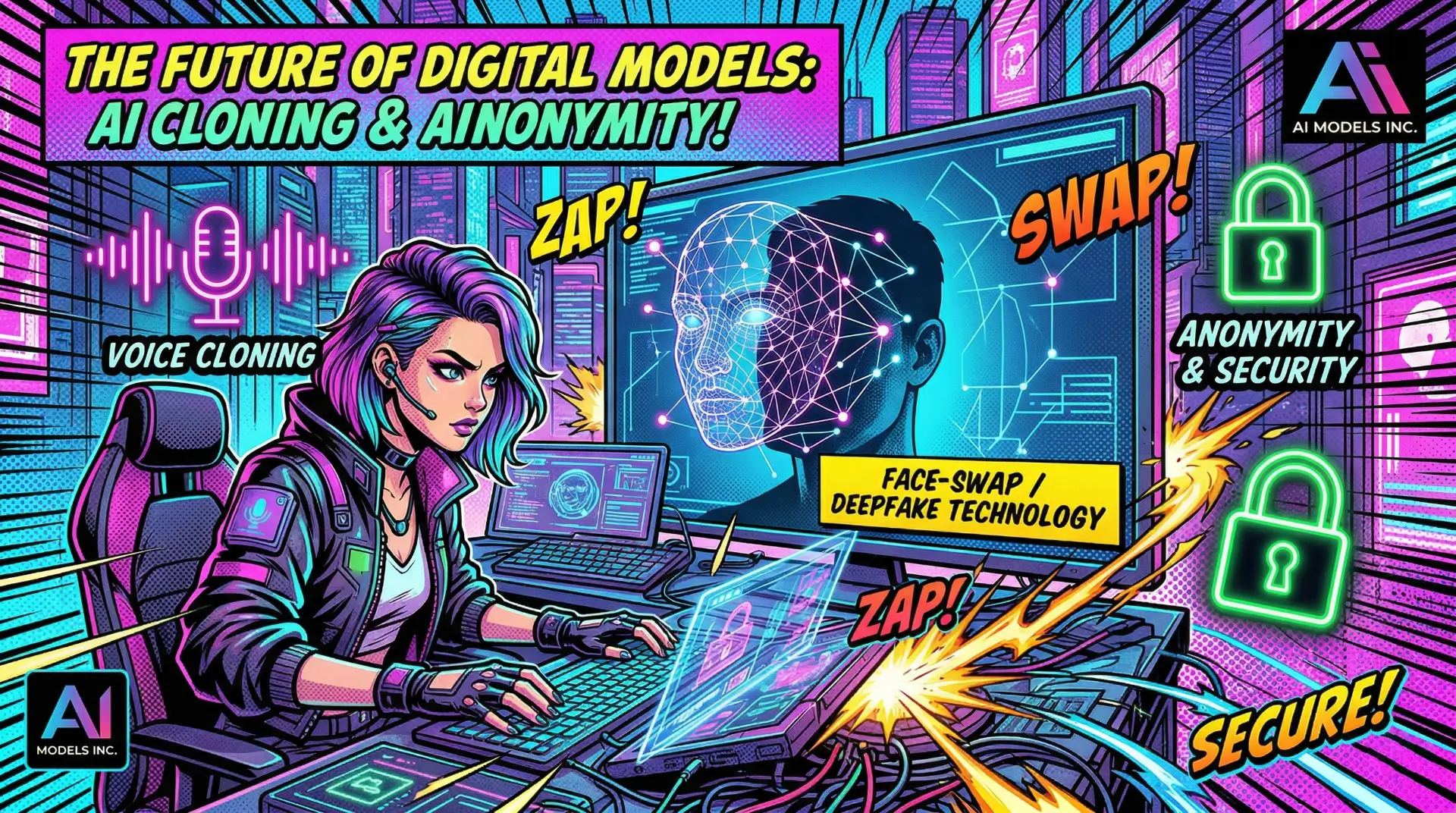 Comic book illustration showing a technical specialist using secure OnlyFans agency software for AI voice cloning and face-swapping to protect a creator's anonymity on LoyalBoard
