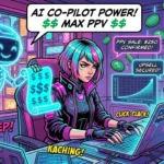 Comic book illustration showing a highly skilled AI OnlyFans chatter using a holographic AI co-pilot to generate high-converting sales scripts on LoyalBoard
