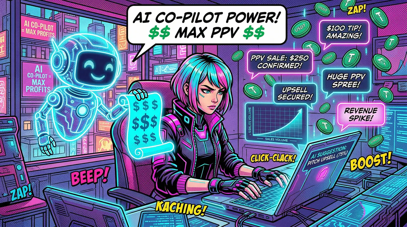 Comic book illustration showing a highly skilled AI OnlyFans chatter using a holographic AI co-pilot to generate high-converting sales scripts on LoyalBoard
