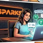 Comic book illustration showing an ideal remote workspace for high-paying OnlyFans chat operator jobs at the international Sparks agency, found on LoyalBoard