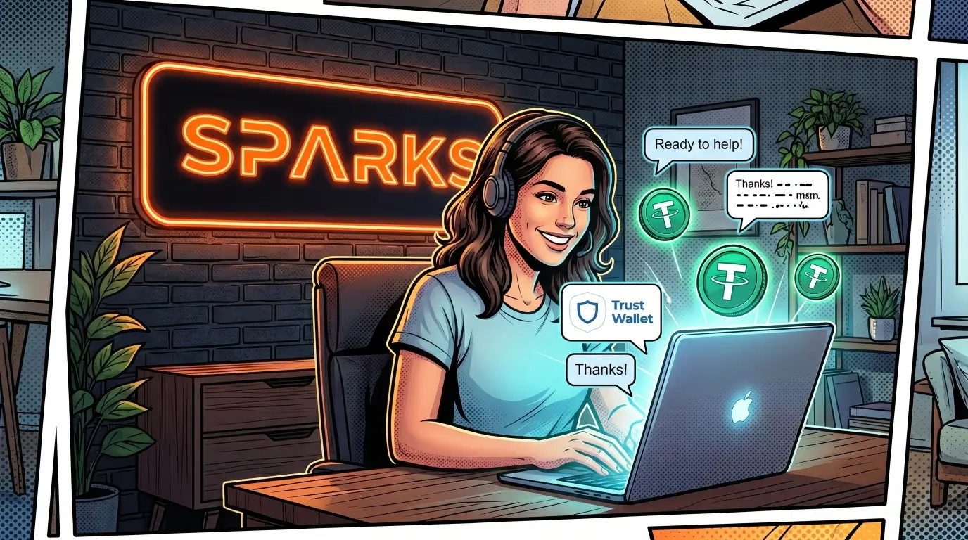 Comic book illustration showing an ideal remote workspace for high-paying OnlyFans chat operator jobs at the international Sparks agency, found on LoyalBoard