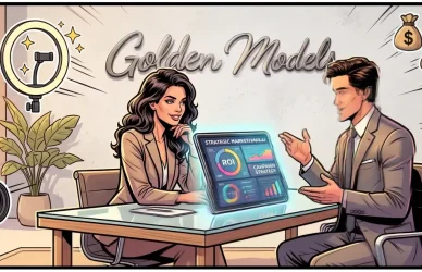 Comic book illustration showing professionals at the Golden Models agency developing a unique strategy and positioning for successful web model jobs on LoyalBoard