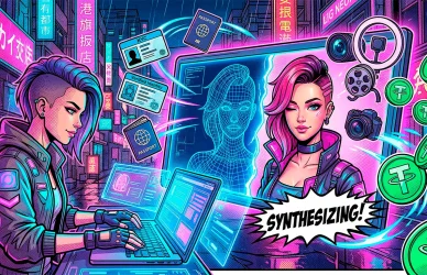 Comic book illustration showing a digital creator generating a virtual web model, bypassing KYC, and earning cryptocurrency on the LoyalBoard platform