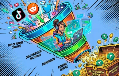 Comic illustration of a digital sales funnel for chatter jobs on LoyalBoard, converting social media traffic into USDT cryptocurrency.
