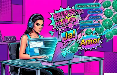 Comic book illustration of a professional working in chat translator jobs, using AI like DeepL to convert Japanese and German messages into USDT crypto earnings on LoyalBoard