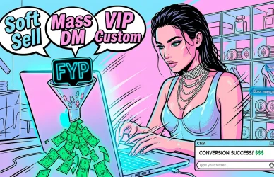 Comic book illustration of a Fansly chat operator using sales scripts to monetize FYP traffic and earn high income on LoyalBoard.