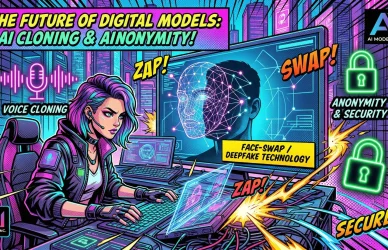 Comic book illustration showing a technical specialist using secure OnlyFans agency software for AI voice cloning and face-swapping to protect a creator's anonymity on LoyalBoard