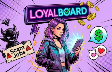Comic illustration of a girl choosing safe OnlyFans chatter vacancies on LoyalBoard over scam job offers