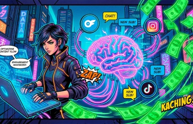 Comic book illustration showing a cybernetic AI brain connecting OnlyFans tools, social media, and chat operators to maximize USDT cryptocurrency earnings on LoyalBoard