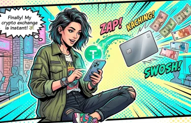 Comic book illustration showing how easy it is to withdraw USDT cryptocurrency salaries from OnlyFans jobs into USD or EUR using a smartphone on LoyalBoard.