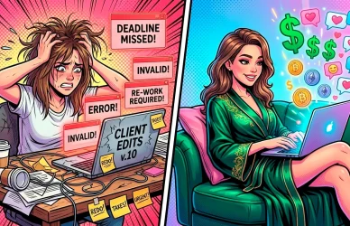 Comic illustration comparing a stressed female freelancer dealing with client edits versus a happy, successful OnlyFans chatter earning crypto.