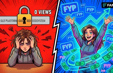 Comic book illustration comparing a frustrated model on a closed platform versus a highly successful Fansly model earning money through the organic FYP algorithm