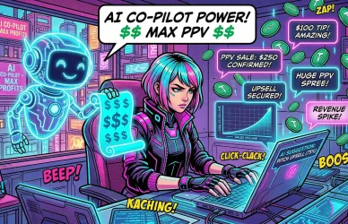 Comic book illustration showing a highly skilled AI OnlyFans chatter using a holographic AI co-pilot to generate high-converting sales scripts on LoyalBoard