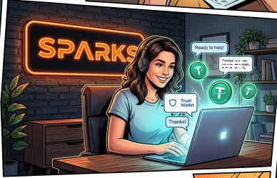 Comic book illustration showing an ideal remote workspace for high-paying OnlyFans chat operator jobs at the international Sparks agency, found on LoyalBoard